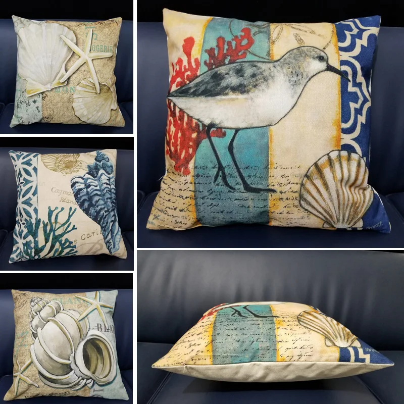 

Marine Sea Seagulls Printed Pillow Reversible Cotton Linen Sea Shell Cushion Cover 45x45cm Home Decorative Throw Pillowcase