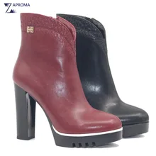 PU Platform Wine Red Black Women Ankle Boots Chunky Heel Fleece Super High Heel Autumn Winter 2018 Shoe Us Size Metal Decoration