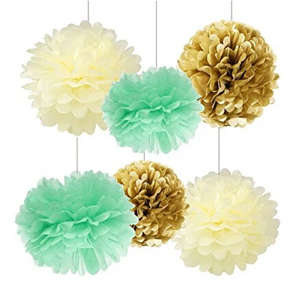 6pcs mint cream gold tissue paper pom pom paper flowers birthday tissue paper flower table decorations
