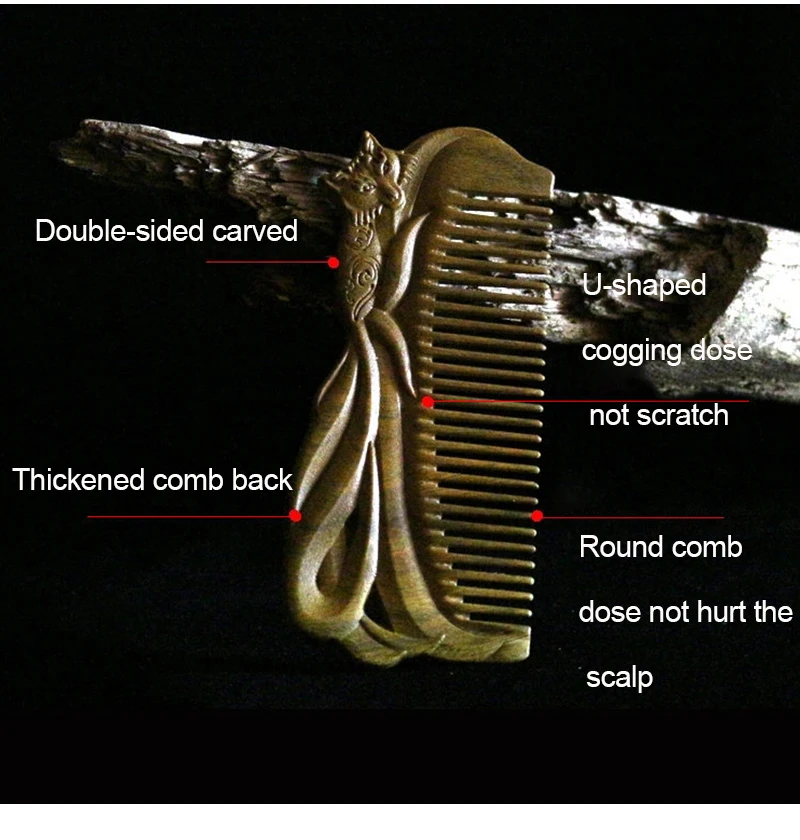 Китайское Ремесло Портативный Лисий двухсторонний резной деревянный гребень для волос Зеленый гребень из сандалового дерева натуральный деревянный гребень для девочек Подарки