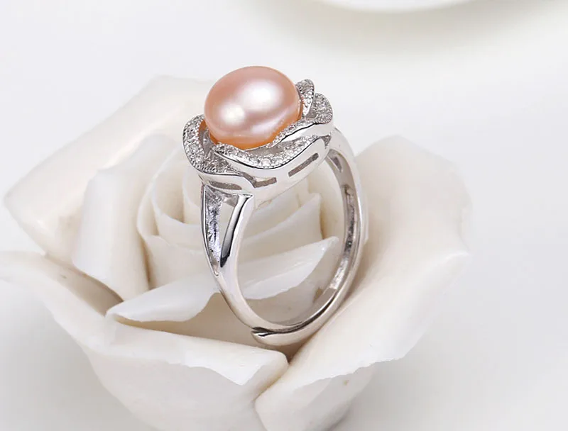 Модные жемчужные Ювелирные наборы, натуральный пресноводный жемчуг, ожерелье, серьги, кольцо, 925 пробы, серебряные ювелирные изделия, подвески для женщин - Цвет камня: pink pearl ring