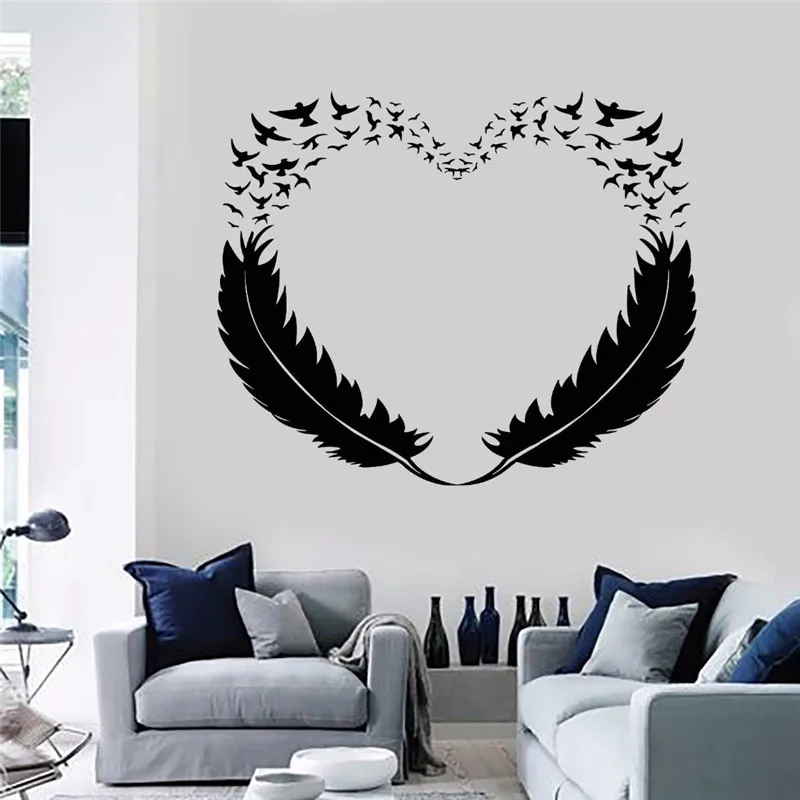 Feathers Heart Vinyl Wall Decals Decor Love Birds Romantic Bedroom