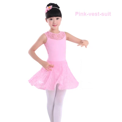 Сексуальный черный кружевной танцевальный костюм для балета без рукавов/с длинными рукавами детский танцевальный Купальник для девочек, комплект с кружевной юбкой - Цвет: Pink Vest Set