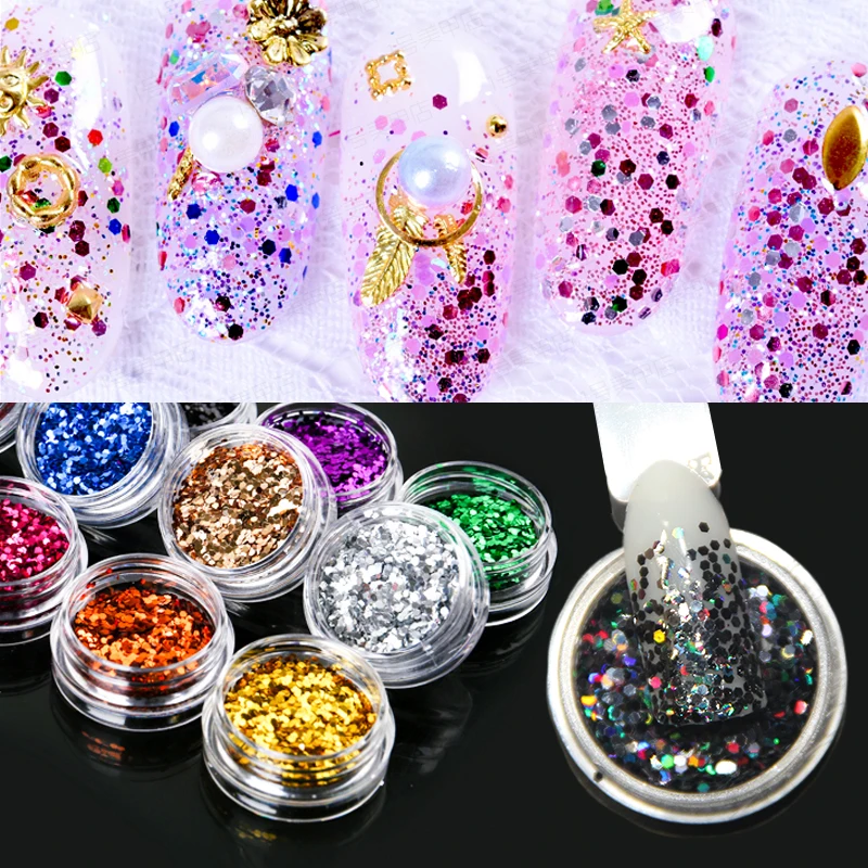 

Sarness 1 Box Colorful Nail Glitter Dust Mix 3D Nail Sequins Acrylic Gel Phosphor Paint Glitter Powder Large Nail Art Decoration