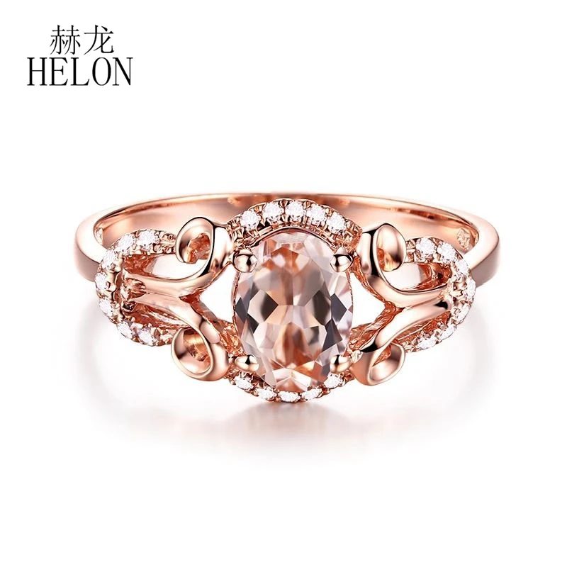 HELON Gemstone Oval 7X5mm Morganite Natural Diamond Jewelry Fine Ring Solid 10K Rose Gold Halo Unique Fine Diamond Gemstone Ring HELON Gemstone Oval 7X5mm Morganite Natural Diamond Jewelry Fine Ring Solid 10K Rose Gold Halo Unique Fine Diamond Gemstone Ring