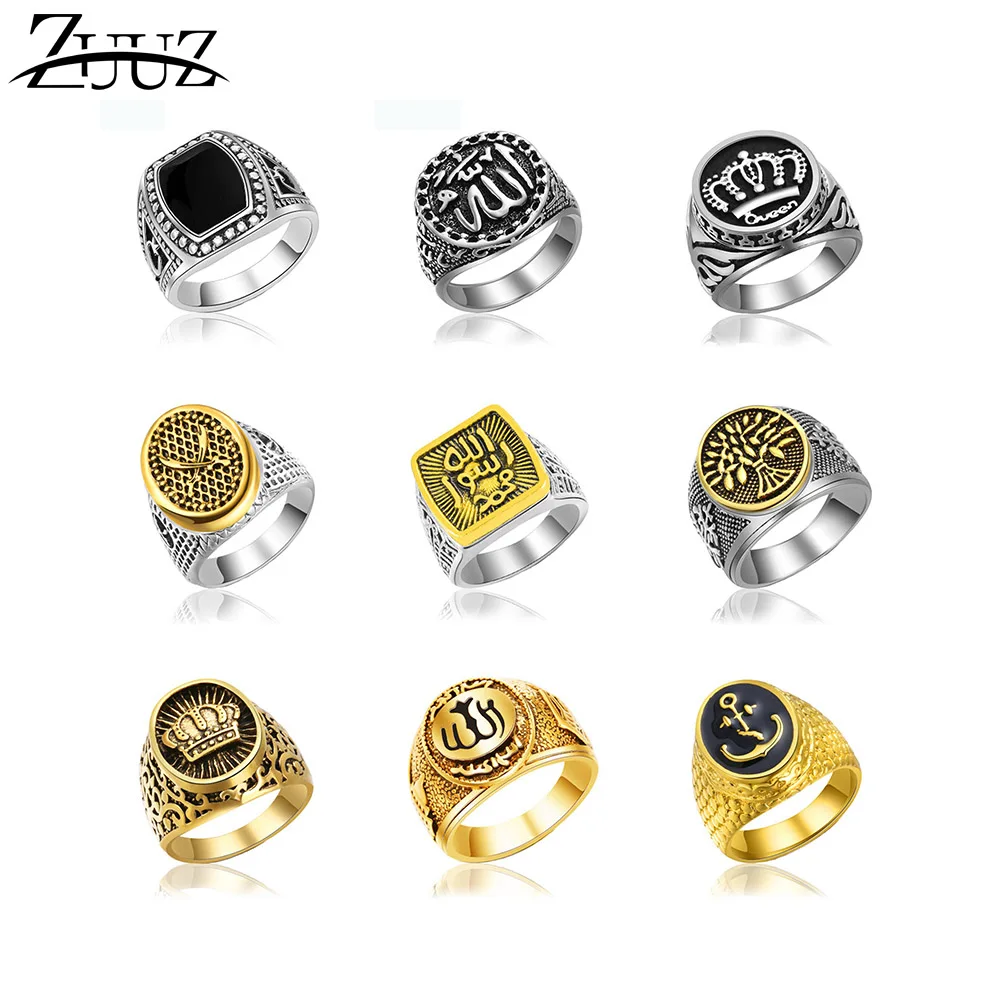 

ZUUZ mens signet rings vintage crown viking muslim finger male big ring for men silver gold steel accessorie jewelry antique