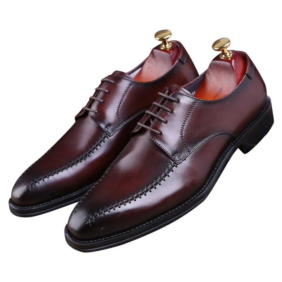 

CLORISRUO Fashion Brown tan / black pointed toe business shoes mens dress shoes genuine leather Goodyear Welt shoes mens wedding