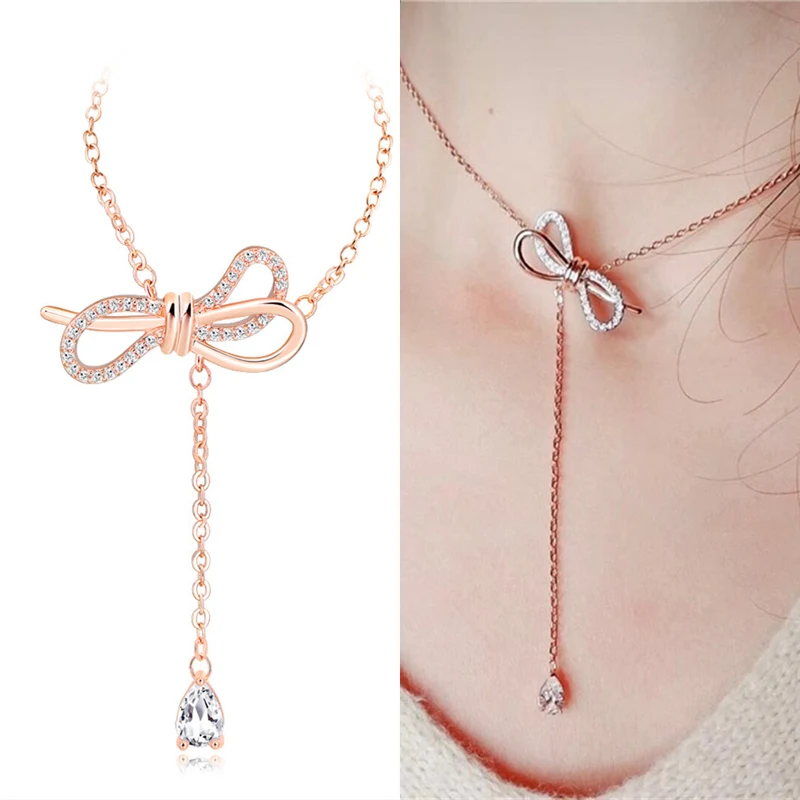 

Korean Fashion Water Drop Necklaces & Pendants Rose Gold Color Bowknot Short Necklace Statement Choker Necklace Women Bijoux
