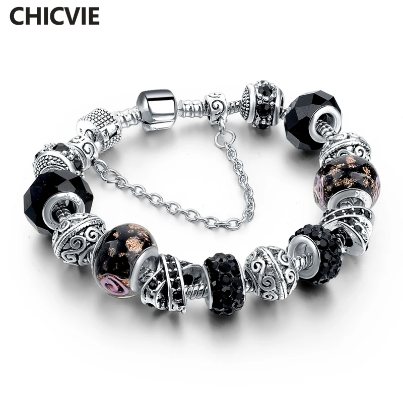 

Black Crystal Charm Bracelets For Women Female 2016 Chain & Link Bracelets & Bangles DIY 925 Sterling Silver Jewelry SBR160014