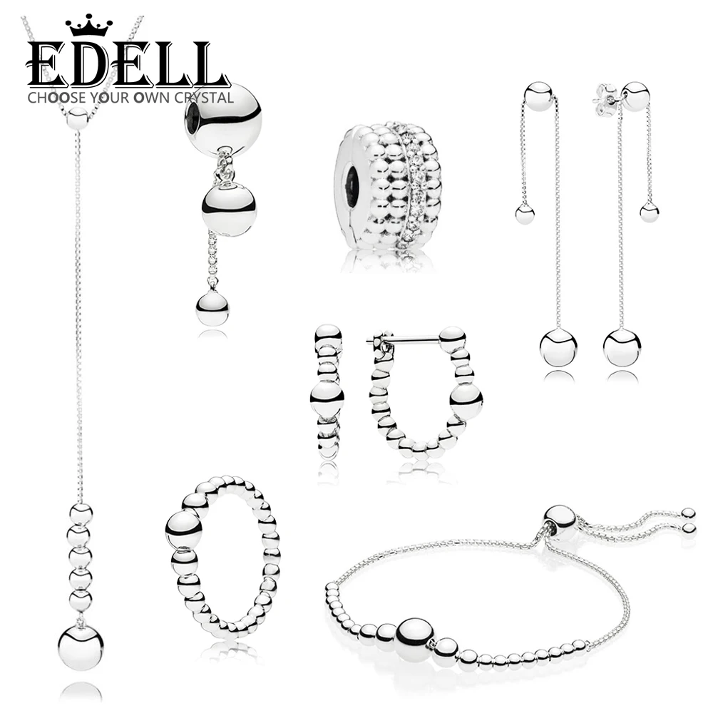 

EDELL 100% 925 Sterling Silver New String of Beads Collection Ring Hoop Earrings Necklace SLIDING BRACELET Hanging Charm