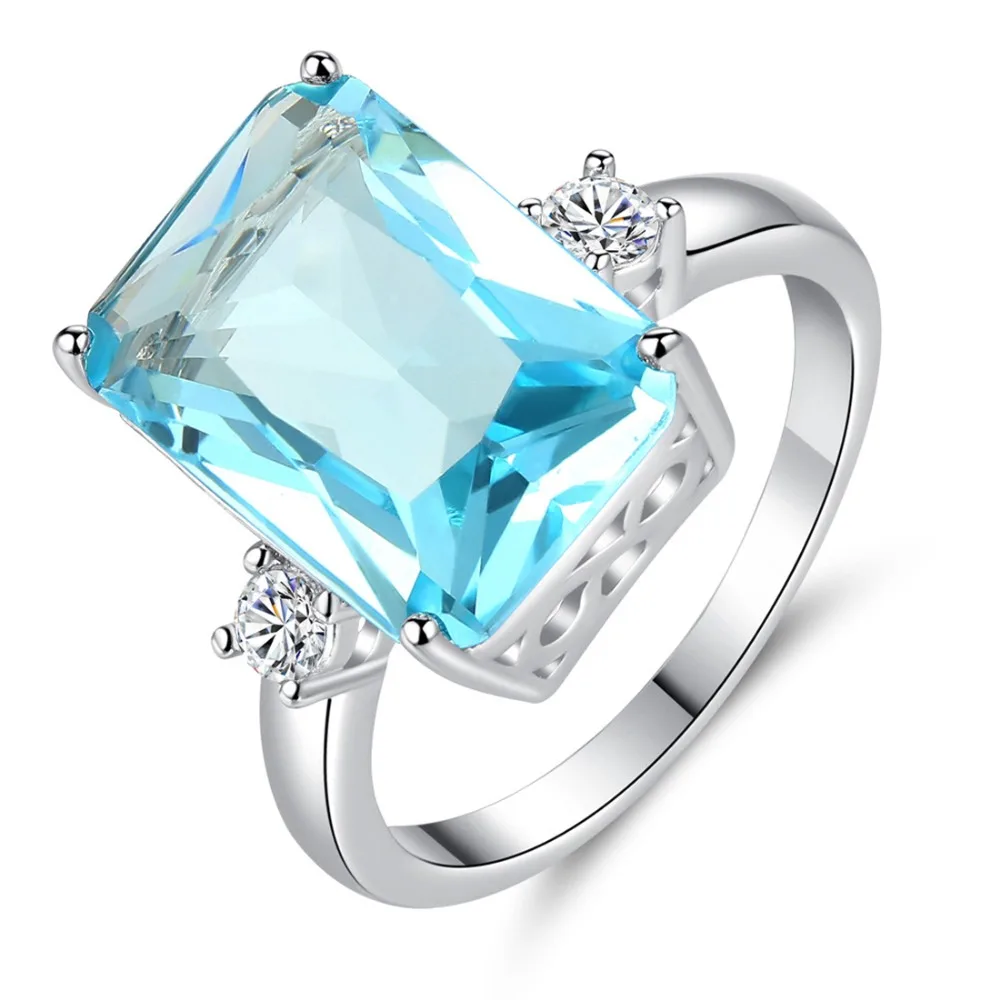 

New Classic Big Sea Blue & White CZ Silver Plated Size 6 7 8 9 Luxury Fashion Women Wedding Jewelry Engagement Gift Wholesale