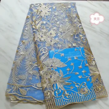 

Beads Lace Embroidered Mesh Fabric African Lace Fabric High Class Gold White Wine Pink Women Dress Tulle Lace Fabric 5 Yards