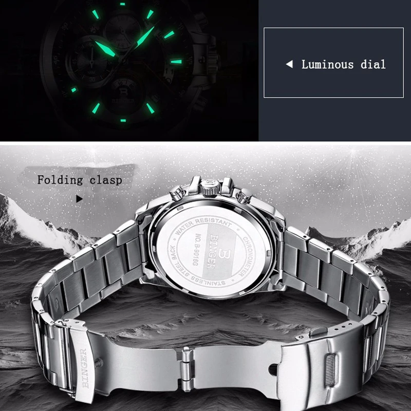 BINGER мужские спортивные часы военные водонепроницаемые часы брендовые роскошные стальные кварцевые деловые мужские наручные часы Relogio Masculino Новинка
