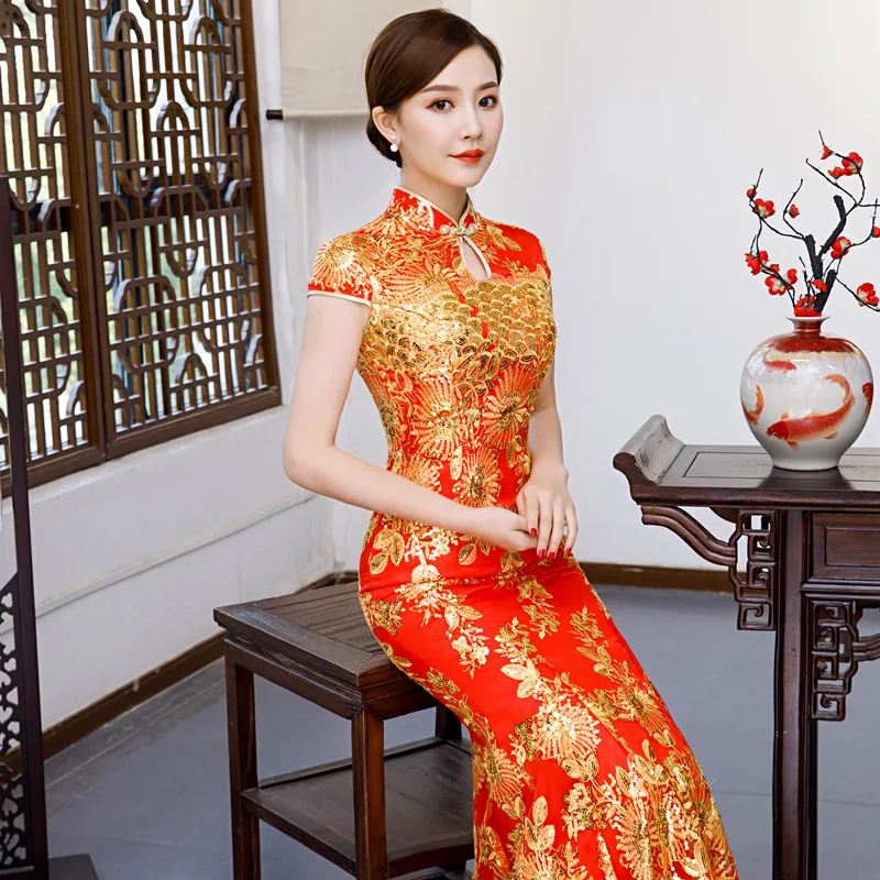 Красный вышивка Cheongsam Сексуальные платья Qipao длинный китайский традиционный свадебный платье восточные Свадебные платья с коротким рукавом QLX