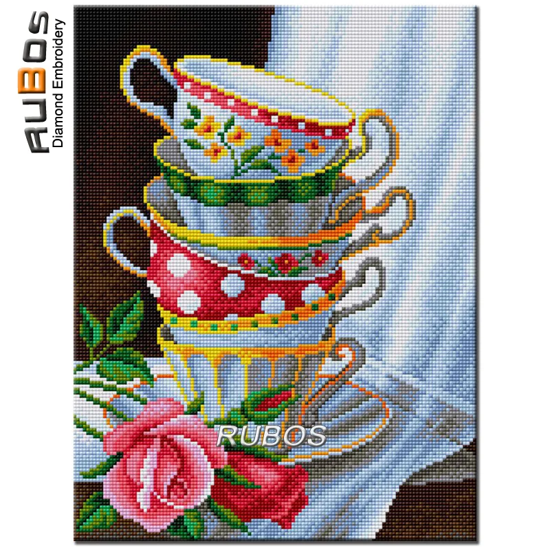 

RUBOS 5D DIY Diamond Painting Cross Stitch Cups With Roses Full Package Diamond Embroidery Rhinestone Pattern 3D Needlework