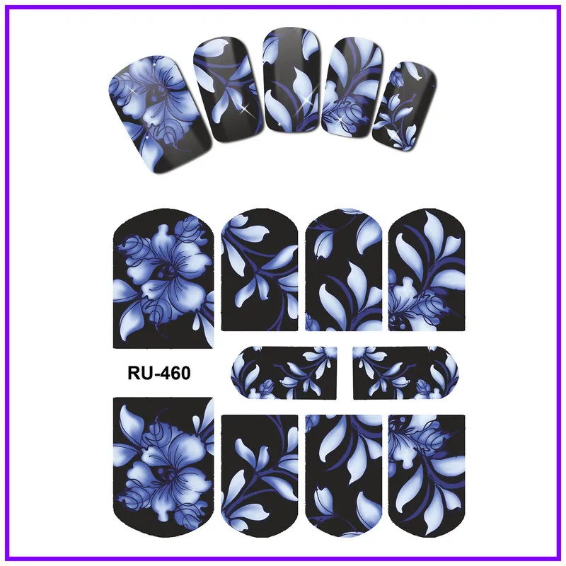 Красивые наклейки для ногтей, водная наклейка, ползунок, полное покрытие, цветок, Виноградная лоза, зеленый цвет, белый цвет, ротанг, темно-китайская синяя птица RU457-462