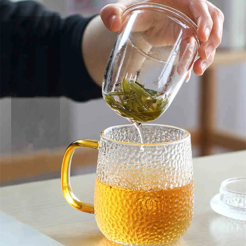 

heat resistant glass cup with handle lid filter cup inside Borosilicate glass office cup 350ml big cup