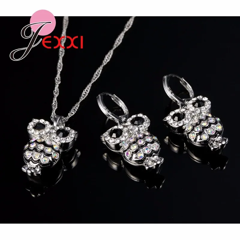 Очаровательный Модный набор украшений для женщин 925 пробы серебро австрийский кристалл ожерелье серьги милая сова кулон цветной камень