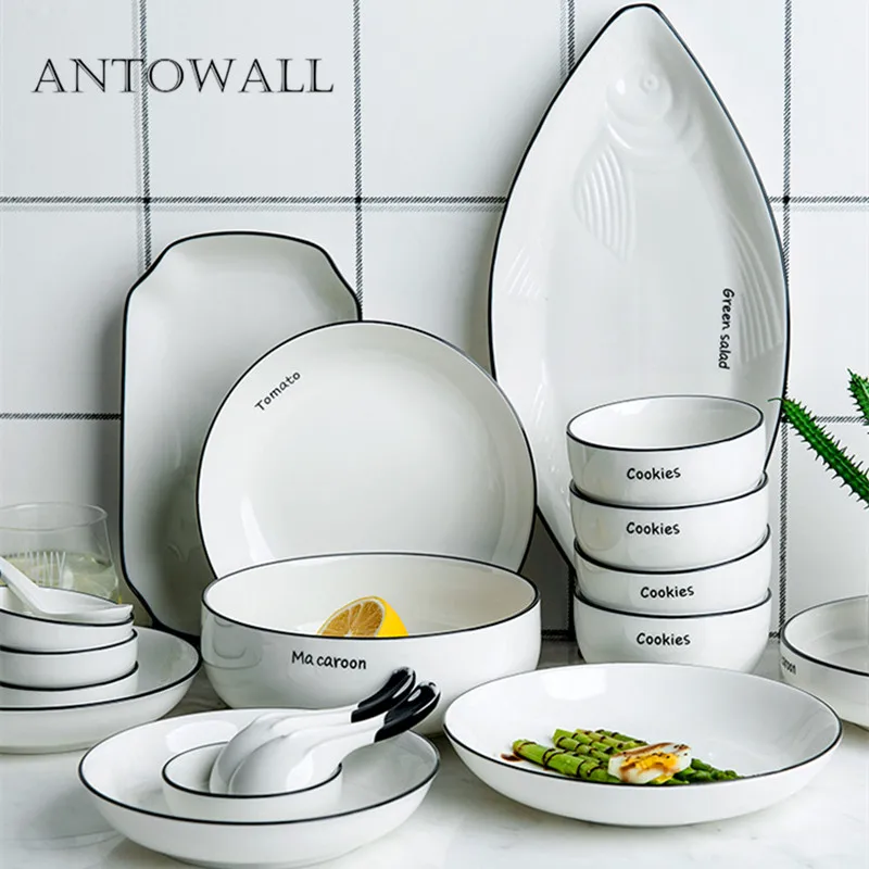 

ANTOWALL Simple Nordic English Alphabet Ceramic Dishware Set Household Rice Soup Bowl Spoon Flat Plate Dish Plate Fish Plate