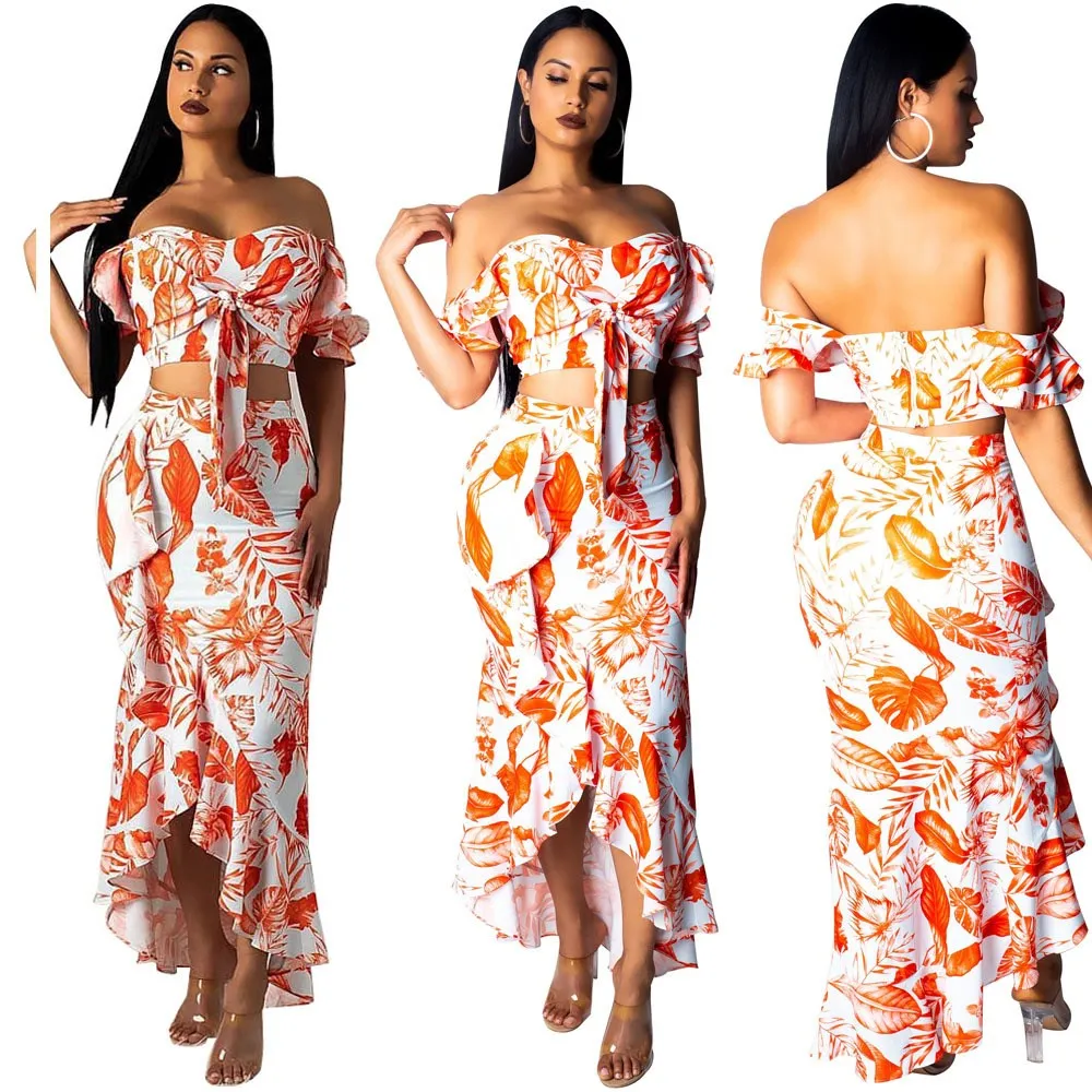 

2019 Summer New Women Two Piece Set Casual Sexy Ruffles Crop Top Irregular Maxi Skirts Floral Print Suits Bow Beach Outfits