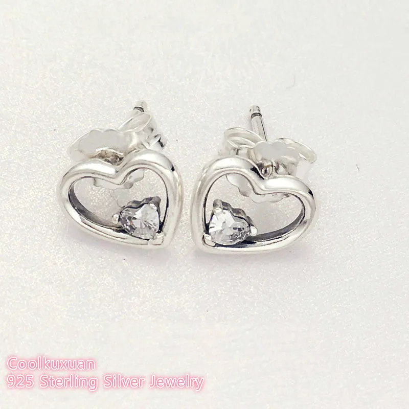 

Valentine's Day 100% 925 Sterling Silver Asymmetric Hearts of Love Earrings, Clear CZ Original Brand woman Jewelry