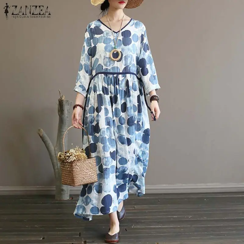 

Plus Size Printed Maxi Dress Women's Sundress ZANZEA 2019 Vintage V Neck Long Sleeve Tunic Vestidos Female Pleated Robe Femme