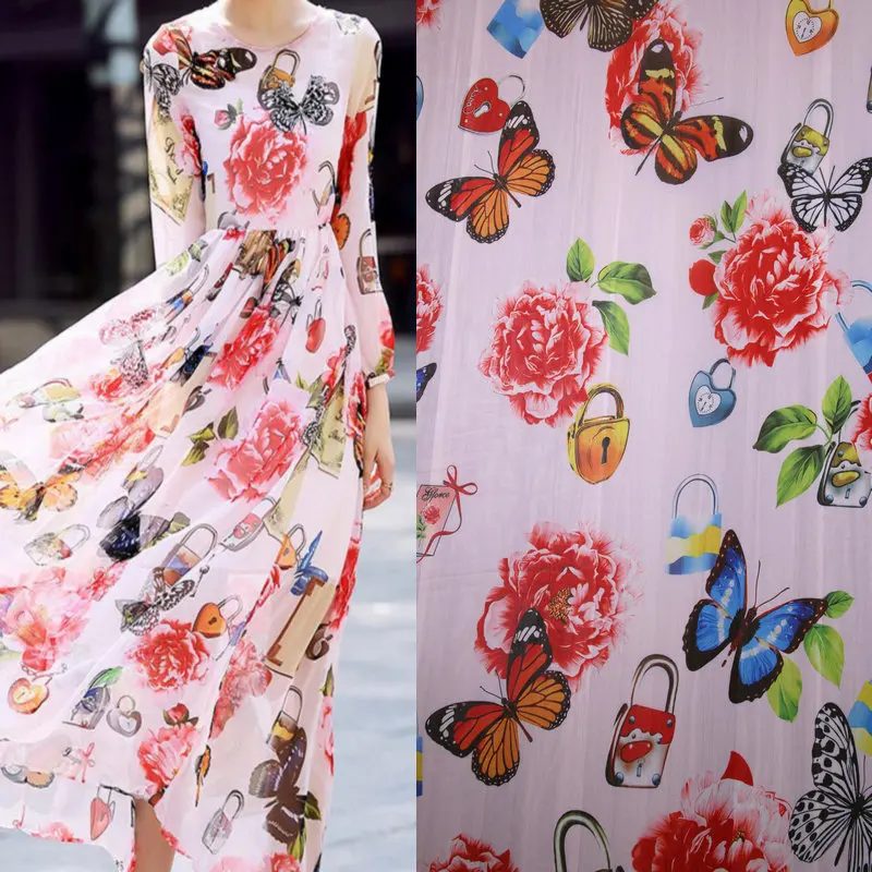 

Chiffon Fabric Polyester White Butterfly Flowers Printed Spring Summer Beach Holiday Dress Shirt Cloth