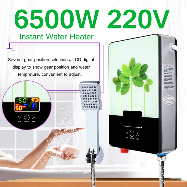 Electric Hot Water Heater 6500W 220V Tankless Instant Boiler Bathroom Shower Set Thermostat Safe Intelligent Automatically