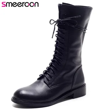 

Smeeroon 2020 new fashion genuine leather boots autumn winter boots for women mid calf boots med heels high quality boots