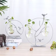 Нордическая кованая железная ваза Ретро креативная листва птицы гидропонное стекло ваза настольные украшения для дома