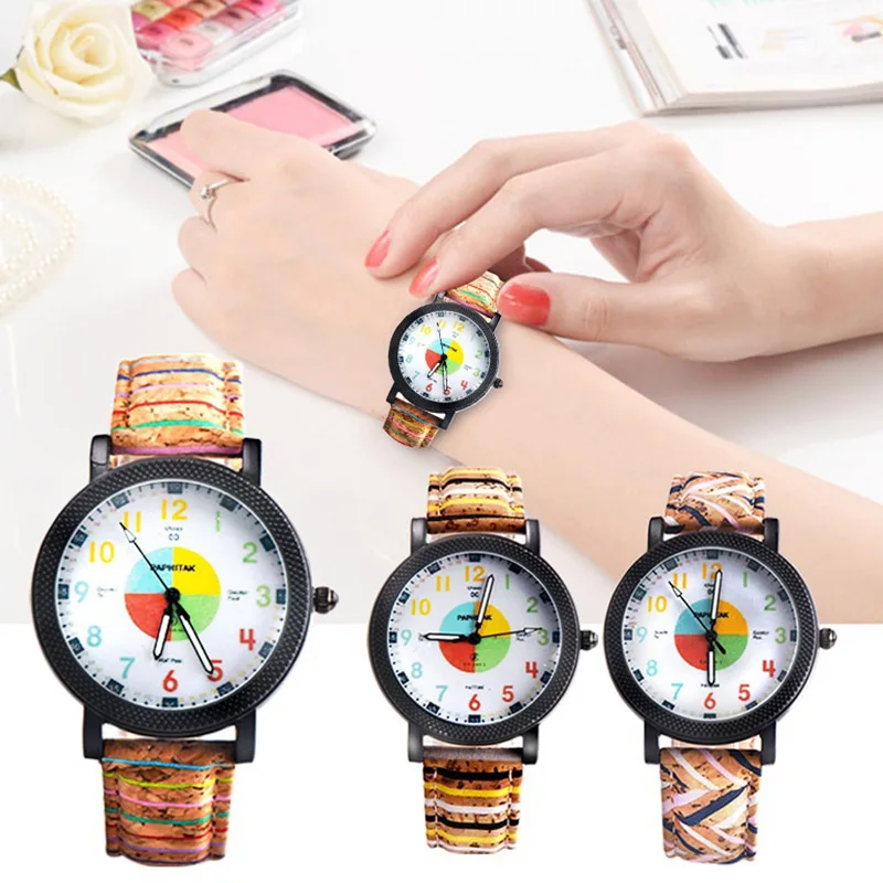 Student Quartz Wrist font b Watch b font with Colored Dial Stripe Strap Casual font b
