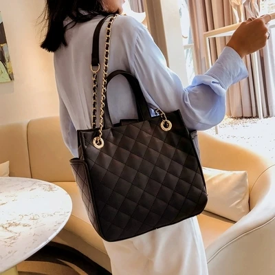 

2019 PU Leather Handbags Women's Designer Handbag The Big Women's Lattice Lock Chains Shopping Bag Large Handbags Tote Shoulder