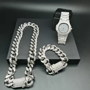 

2cm Hip Hop Gold Ice Out Cuban Crystal Miami Necklace Chain Gold Men Watch & Necklace & Bracelet Combo Set Hip Hop For Men