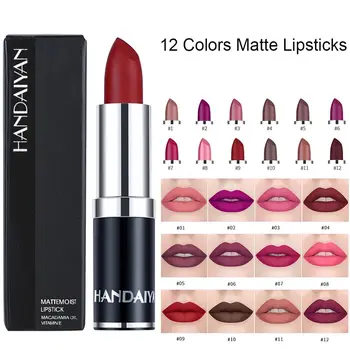 

HANDAIYAN Nude Waterproof Lipstick 12 Colors Matte Vitamin E Moisturizing Natural Women Professional Makeup
