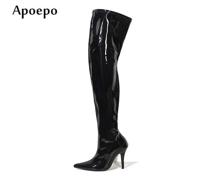 

New Sexy 12CM Heels Pointed Toe Over the Knee Boots Big Size Patent Leather Thigh High Boots For Woman Slim Fit Long Boots