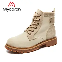 MYCORON/2018 женская кожаная обувь, модные брендовые мотоциклетные ботинки с высоким берцем, сезон осень-зима, женские ботинки на шнуровке, dames