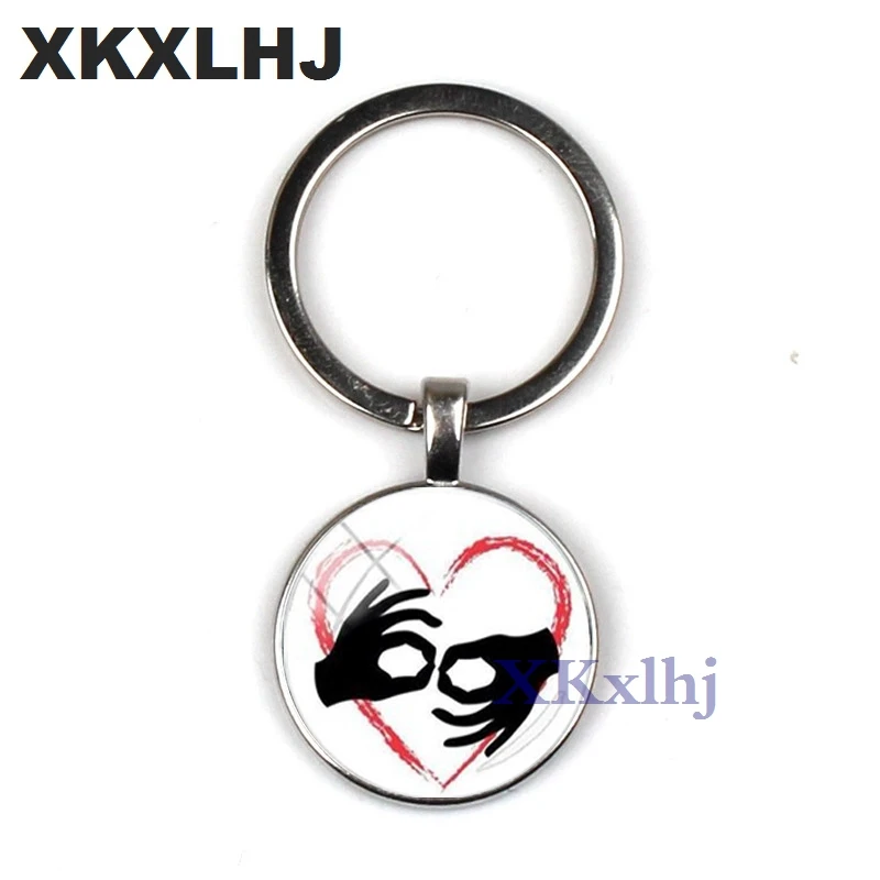 

XKXLHJ 2018 Fashion ASL Interpreter Keychain American Sign Language Keyring Glass Pictures Printing Jewelry