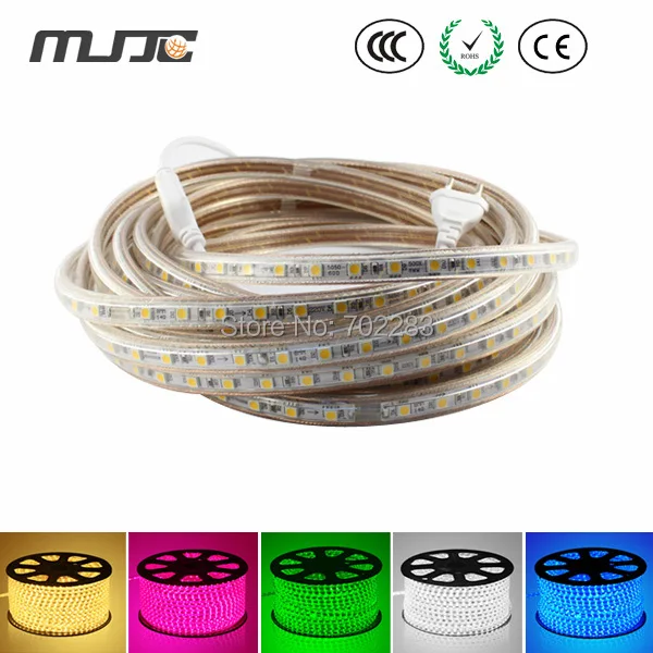 cheap 110V 220V AC 5050 Waterproof LED Strip Light with EU US Power Plug Mounting Clips 1m 5m 10m 15m 20m 30m 50m 100m
