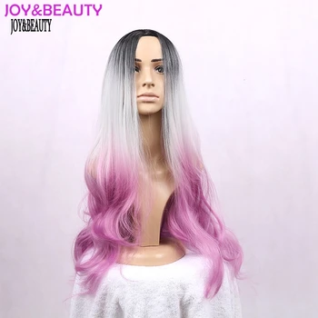 

JOY&BEAUTY Hair Natural Black Grey Pink Ombre Synthetic Hair Long Wavy Wig Heat Resistant Fiber 26inch Women Wigs