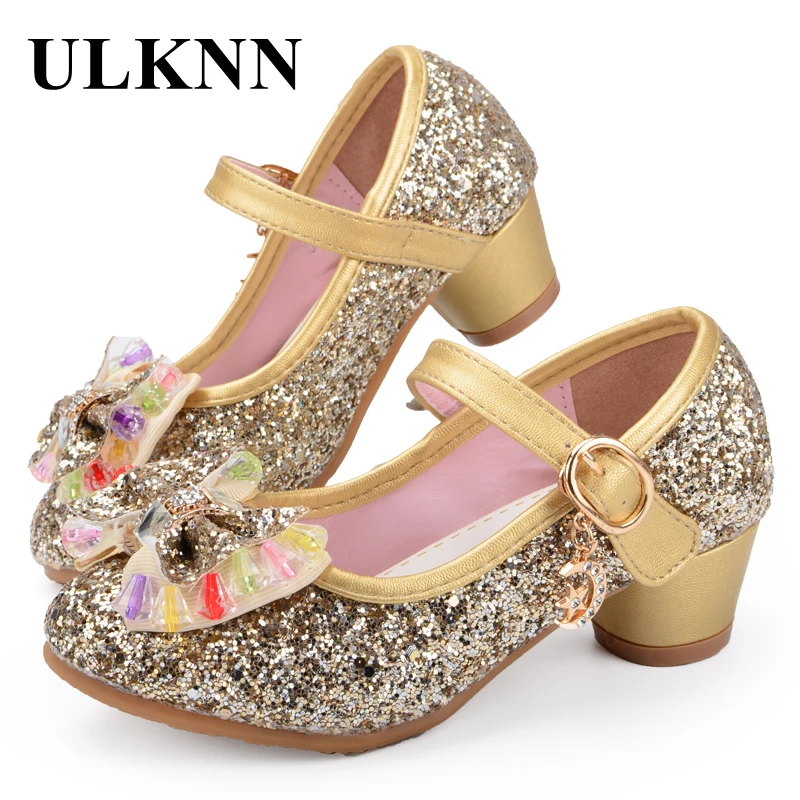 

ULKNN Butterfly Children Princess Shoes Girls Bowtie Candy Color Hight Heels Slip on Party Dance Sandals For Baby Girls Kids