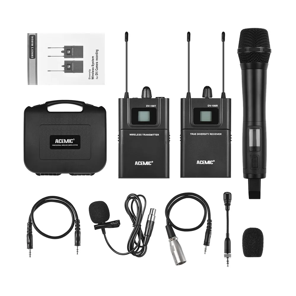 DV100SET Двухканальный UHF беспроводной микрофон системы для Canon Nikon sony DSLR камера видеокамера интервью звук Запись микрофон