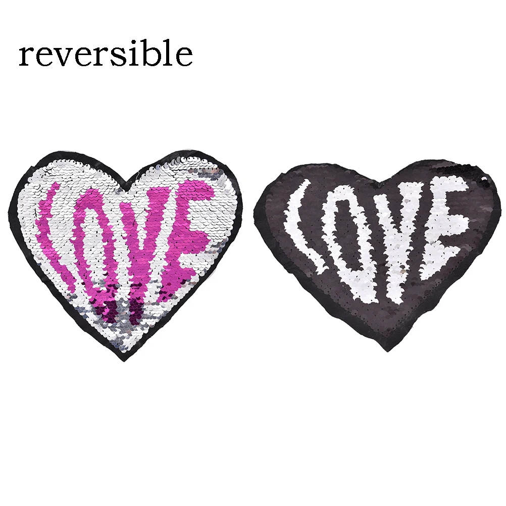 Love Hearted Reversible Sequined Sew On Patches for clothes DIY Coat Embroidered Paillette emoji Patch Applique