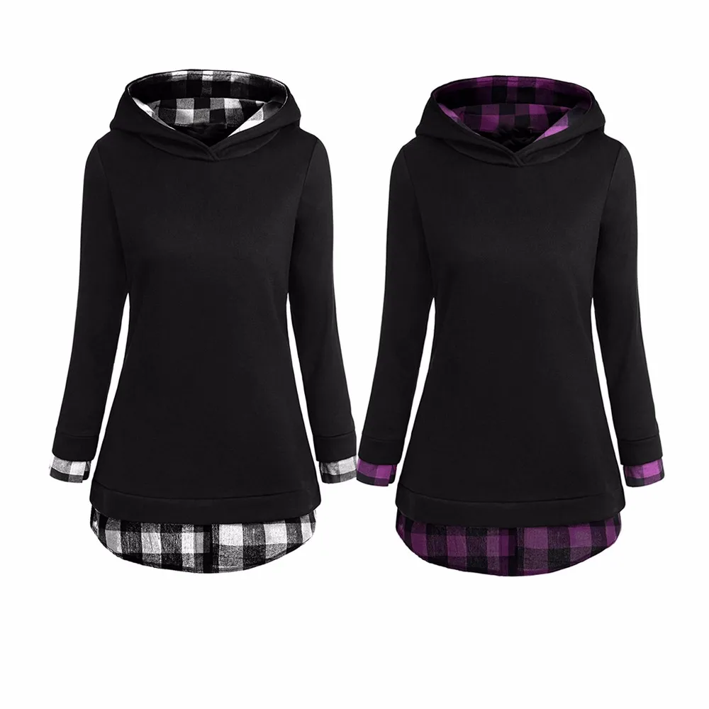 

Women Casual Patchwork Plaid Long Sleeve Hood Hoodies Shirt Tops Blouse BK/L Cotton Autumn Spring Patchwork Casual
