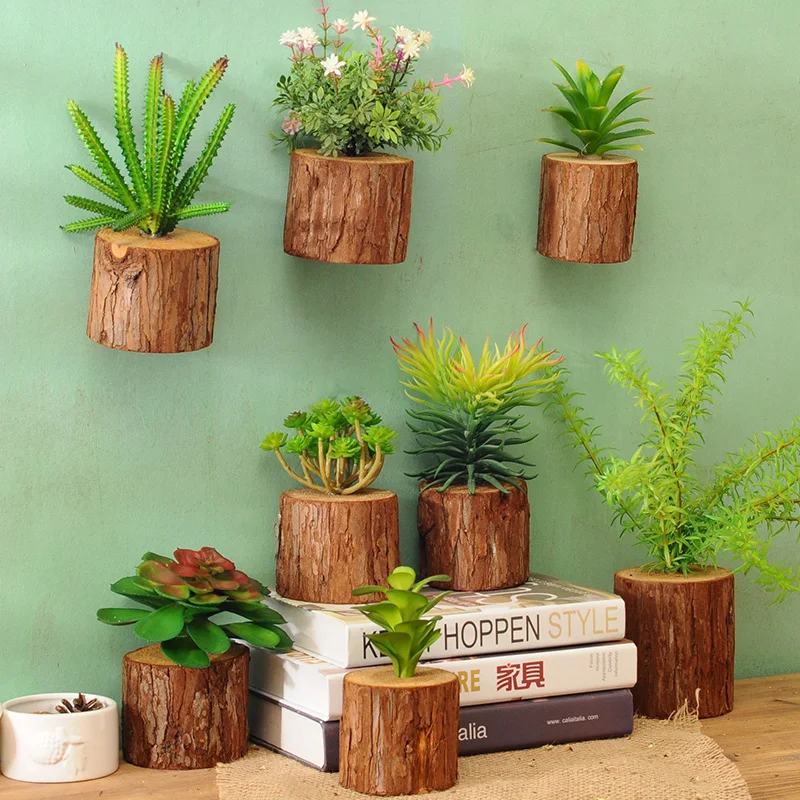 

Creative Simulation Potted Plant Wall Hanging Three-dimensional Wooden Pile With Artificial Succulents Bonsai Flower For Wall De