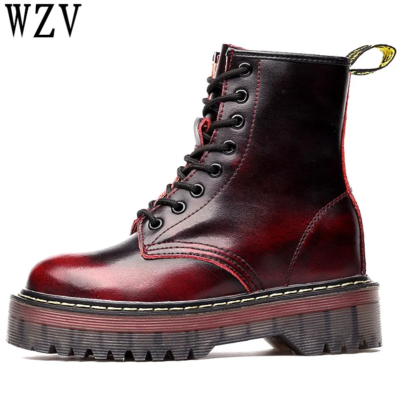

Genuine Leather Chunky Motorcycle Boots For Women Autumn 2019 Fashion Increased within Lace-up Combat Martin Boots Ladies Shoes