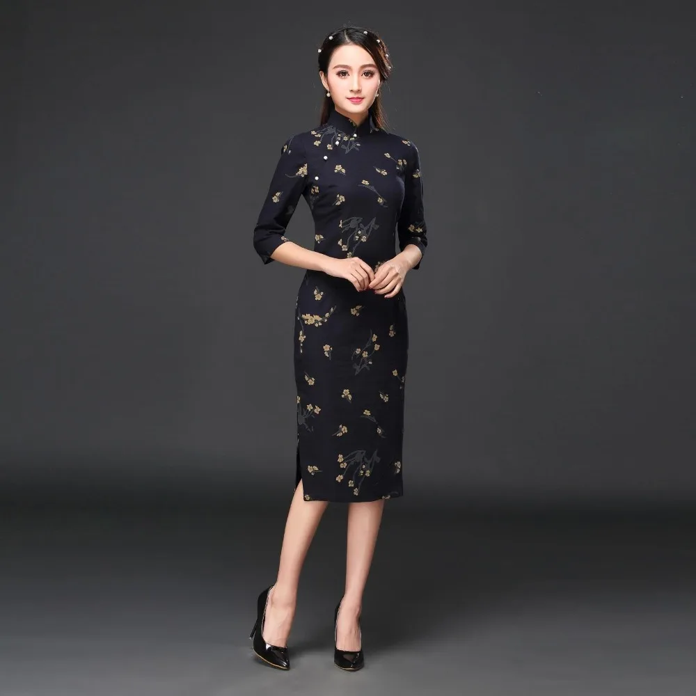 Novelty Clothes Chinese Traditional women's dress Cotton Linen Cheongsam Qipao Summer Three Quarter Sleeve Long Dress chinese dress