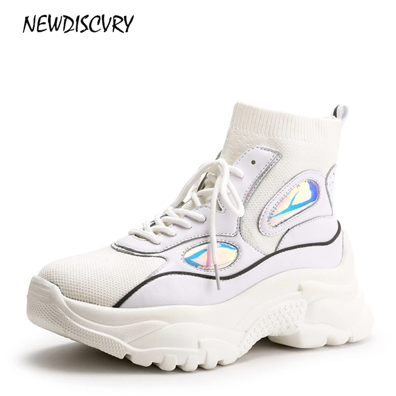 

NEWDISCVRY High Top Knit Women's Sneakers 2018 Autumn Women Platform Ankle Boots Woman Chunky Shoes Glitter Lady Sock Footwear
