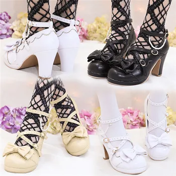 

2019 Lolita shoes Sweet Princess Girls Bowtie Straps Chunky Round Toe Japanese Single Shoes High Heel A