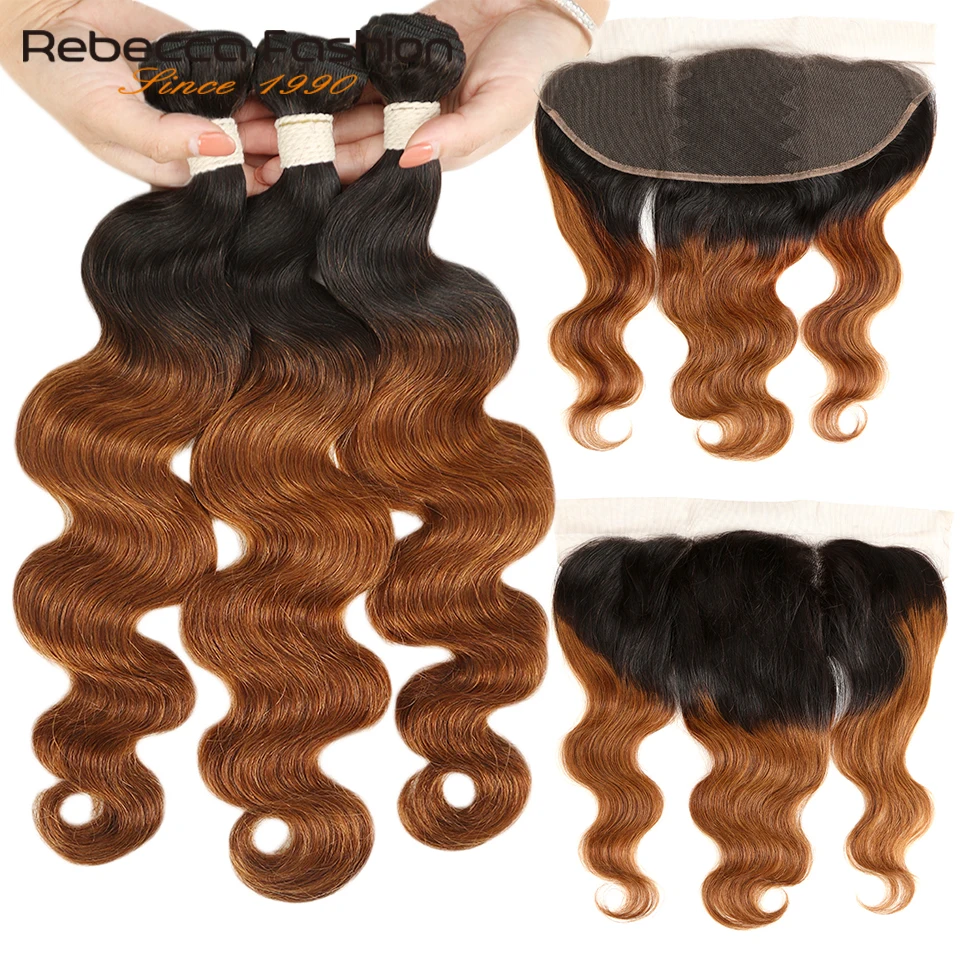 

Rebecca Ombre Bundles With Frontal Two Tone 1B/99J 1B/27 1B/30 Colors Brazilian Body Wave 3 4 Bundles With Lace Frontal Closure