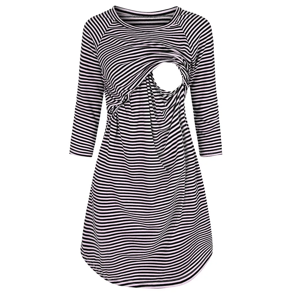 Home suit Women's Maternity Night Dress 3/4 Sleeve Striped Nursing Breastfeeding Cotton Sleepwear Dress Nightgown Home Wear#g4